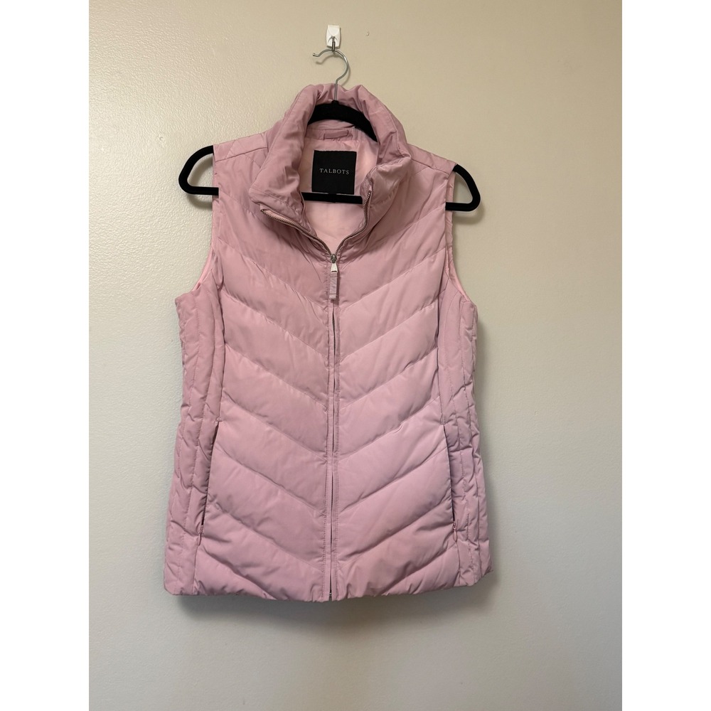 Talbots Womens Pink Chevron Quilted Puffer Vest Full Zip Jacket Medium